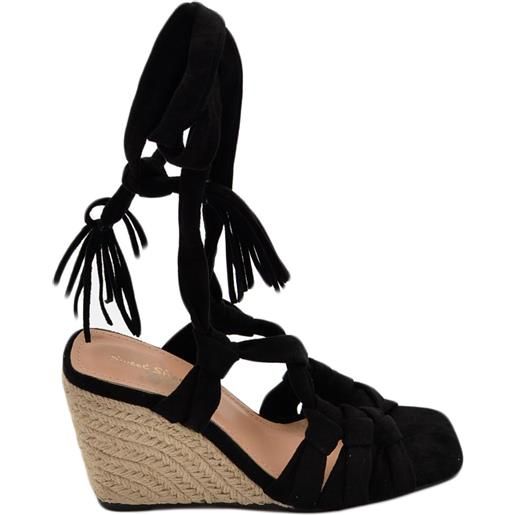 Malu Shoes sandali zeppa donna nero in camoscio suola in cordone e gomma moda mykonos alla schiava gladiatore