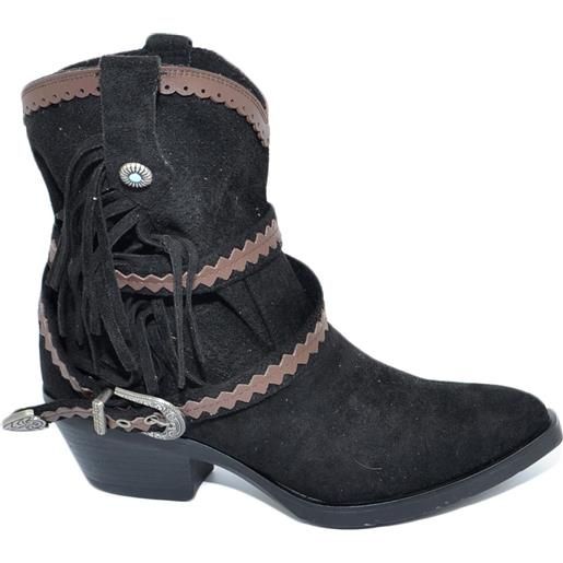 Malu Shoes stivaletto texano camperos donna nero a punta con frange borchie e fibbia tacco western moda roxanne tendenza