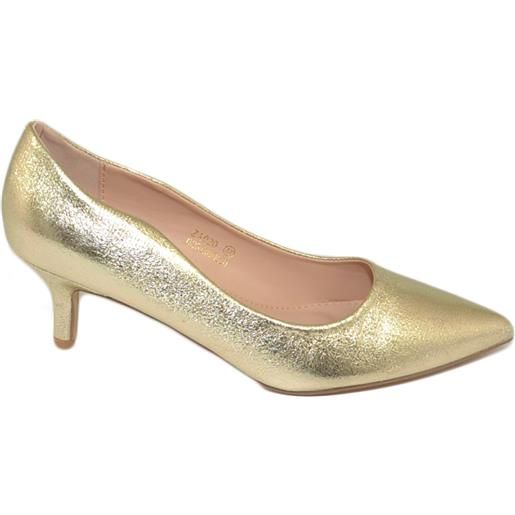 Malu Shoes decollete' scarpe donna a punta oro satinato tacco a spillo midi 5 cm in pelle comodo per cerimonie eventi ufficio