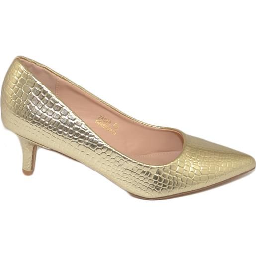 Malu Shoes decollete' scarpe donna a punta oro tartarugato tacco a spillo midi 5 cm in pelle comodo cerimonie eventi ufficio