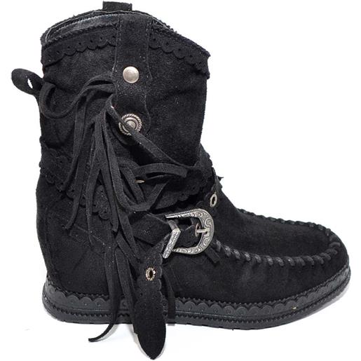 Malu Shoes stivaletto donna indianini nero scamosciati con frange zeppa interna 5 cm cinturino fibbia altezza caviglia moda ibiza