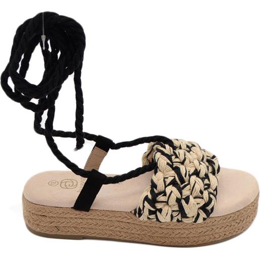 Malu Shoes sandali zeppa donna beige nero corda di canapa suola in cordone e gomma moda mykonos alla schiava gladiatore