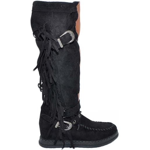 Malu Shoes stivali donna indianini neri scamosciati con frange zeppa interna 5 cm cinturino fibbia altezza ginocchio moda ibiza