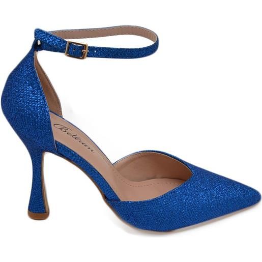 Malu Shoes decollete donna in glitter blu royal con cinturino alla caviglia e tacco a base stabile 10 cm elegante comodo