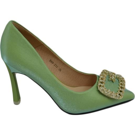 Malu Shoes scarpe decollete donna verde elegante gioiello fermaglio quadrato constrass punta tacco spillo 12 moda cerimonia
