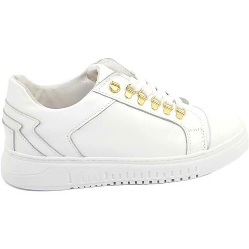 Malu Shoes sneakers bassa uomo bianca liscia in vera pelle con ganci oro e fulmini fondo army bianco moda giovane street