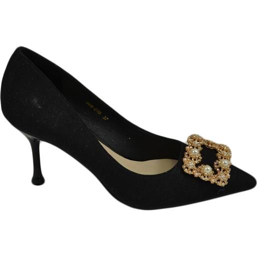 Malu Shoes scarpe decollete donna nero elegante gioiello fermaglio quadrato con perle punta tacco spillo 8 moda cerimonia