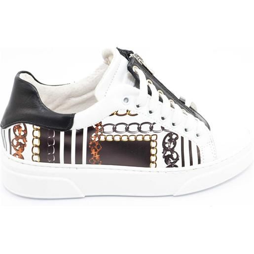 Malu Shoes sneakers bassa uomo linea luxury in vera pelle con stampa catene e accessorio zip contrasto bianco nero moda giovane