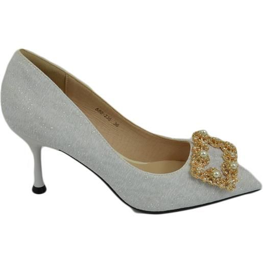 Malu Shoes scarpe decollete donna argento satinato elegante gioiello fermaglio quadrato con perle punta tacco spillo 8 cerimonia