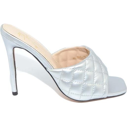 Malu Shoes sandalo donna argento satin tallone scoperto a sabato tacco a spillo 12 fascia effetto trapuntato moda estate