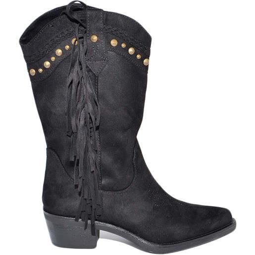 Malu Shoes stivali donna camperos texani neri scamosciati con frange borchie dorate roxanne a punta altezza polpaccio con zip