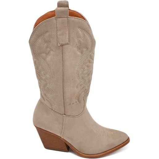 Malu Shoes stivali texani camperos donna beige in camoscio con tacco western in legno 5 cm e cuciture in risalto moda tendenza