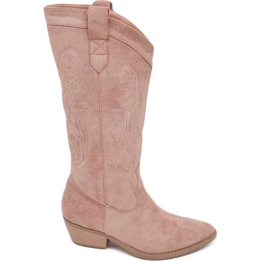 Malu Shoes stivali texani camperos donna trasversali camoscio rosa tacco western in legno 3 cm e cuciture in risalto moda tendenza