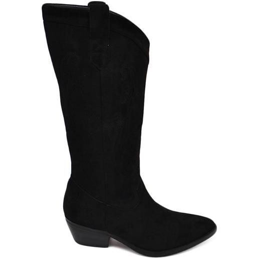 Malu Shoes stivali texani camperos donna trasversali camoscio nero tacco western in legno 3 cm e cuciture in risalto moda tendenza