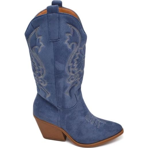 Malu Shoes stivali texani camperos donna blue jeans in camoscio con tacco western in legno 5 cm e cuciture in risalto moda tendenza