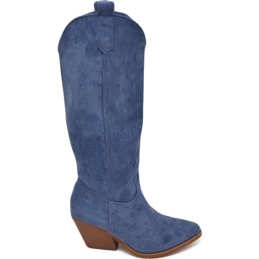Malu Shoes stivali donna camperos texani blu jeans liscio scamosciato zip tacco western comodo in legno altezza ginocchio moda