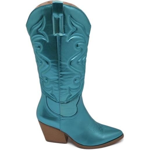 Malu Shoes stivali donna camperos texani stile western dettagli laser turchese azzurro perlato tacco western 7 cm con zip laterale