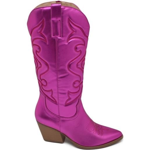 Malu Shoes stivali donna camperos texani stile western dettagli laser fucsia porpora perlato tacco western 7 cm con zip laterale