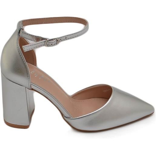 Malu Shoes decollete' donna in ecopelle argento a punta tallone coperto allacciatura alla caviglia tacco doppio 7 cm