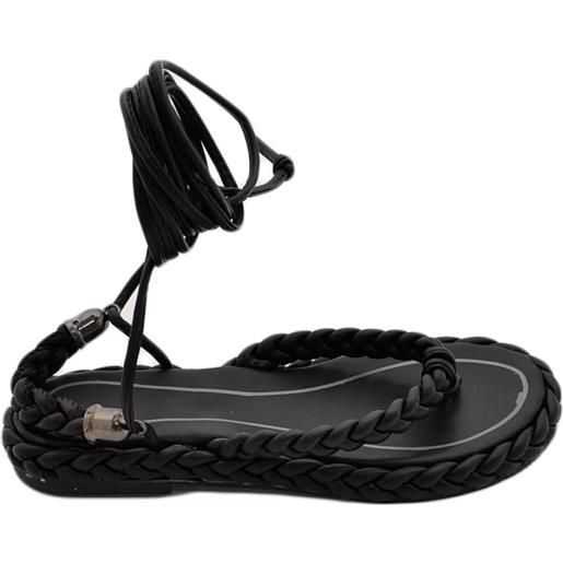 Malu Shoes sandali bassi donna nero infradito con corda intrecciato suola in gomma nera moda ibiza allacciato