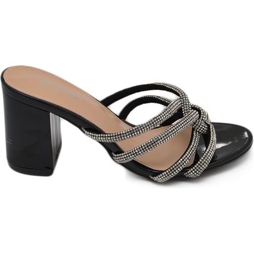 Malu Shoes sandalo donna in vernice nero gioiello argento sabot mule aperto dietro con tacco grosso 7 cm incrociato sul piede