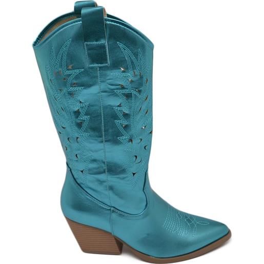 Malu Shoes stivali donna camperos texani stile western forati estivi turchese azzurro perlato tacco western 7 cm con zip laterale