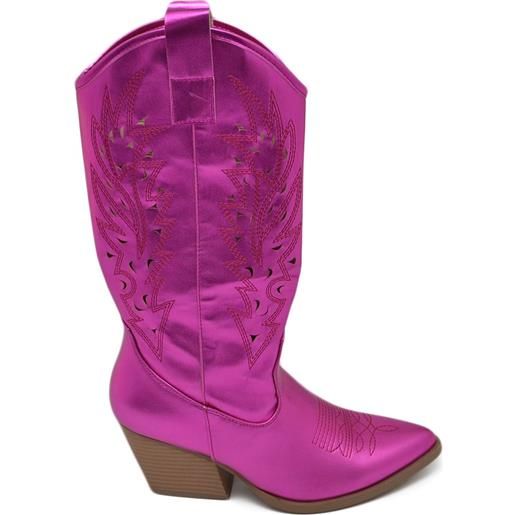 Malu Shoes stivali donna camperos texani stile western forati estivi fucsia lucido tacco western 7 cm con zip laterale