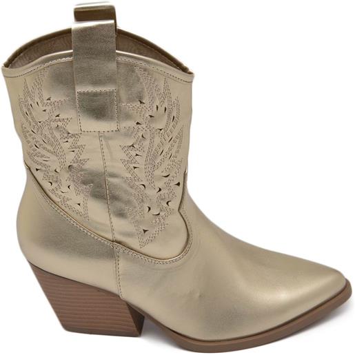 Malu Shoes texano tronchetti donna camperos in vinile oro stivaletti con tacco largo comodo 5cm effetto laser alla caviglia zip
