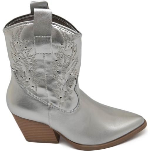 Malu Shoes texano tronchetti donna camperos in vinile argento stivaletti con tacco largo comodo 5cm effetto laser alla caviglia zip