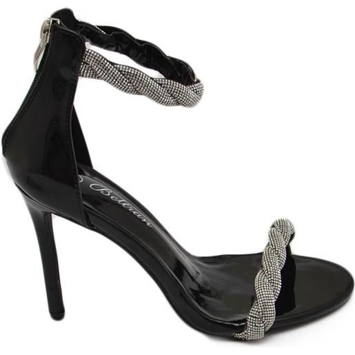 Malu Shoes sandali gioiello donna nero in vernice treccia di strass sulla caviglia piede tacco a spillo 12 elegante