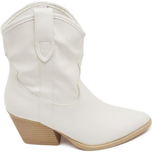 Malu Shoes texano tronchetti donna camperos in ecopelle bianco stivaletti con tacco largo comodo 5 cm liscio alla caviglia zip