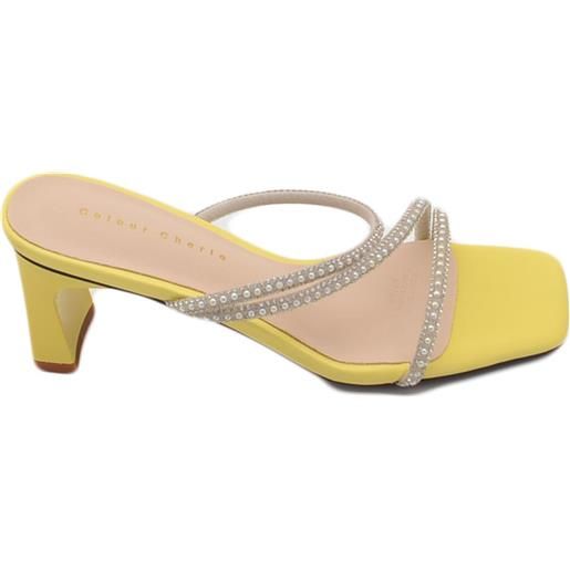 Malu Shoes sandali mules donna giallo gioiello con tacco squadrato largo 5 cm 3 fasce di strass moda eleganti cerimonia comodo