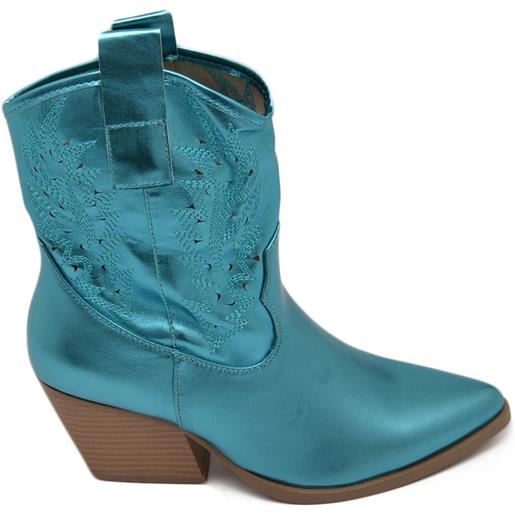 Malu Shoes texano tronchetti donna camperos in vinile celeste stivaletti con tacco largo comodo 5cm effetto laser alla caviglia zip