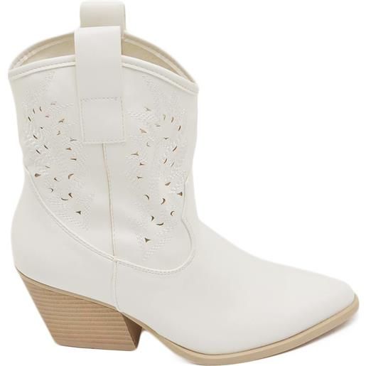 Malu Shoes texano tronchetti donna camperos ecopelle bianco stivaletti con tacco largo comodo 5cm effetto laser alla caviglia zip