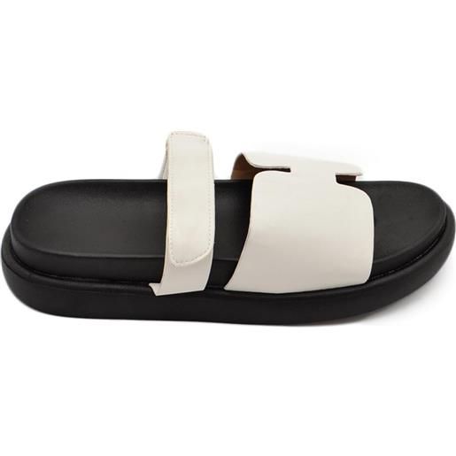 Malu Shoes pantofole ciabatte donna bianco platform zeppa nera con fascia e fibbia strappo regolabile su dorso comodo