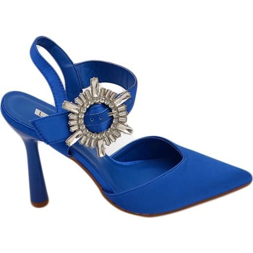 Malu Shoes decollete' scarpadonna gioiello in raso bluette con applicazione spilla cinturino alla caviglia tacco a spillo 10 comode