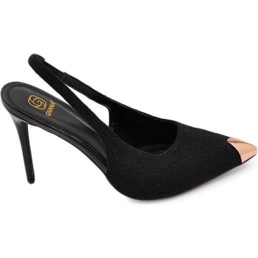 Malu Shoes decollete' donna nero alto tacco a spillo 12 cm aperto dietro placca oro in punta tessuto ricamo moda cerimonia elegante