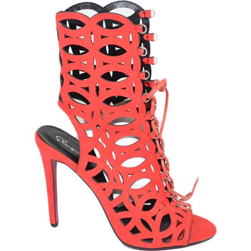Malu Shoes tronchetti donna spuntato rosso forato allacciati dorso altezza meta' polpaccio tacco 10 cm lacci moda giovane