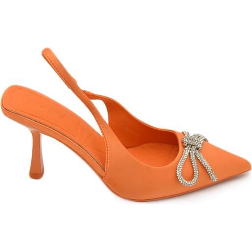 Malu Shoes decollete' donna gioiello elegante fiocco strass in raso arancione tacco a spillo 80 cinturino alla caviglia fisso moda