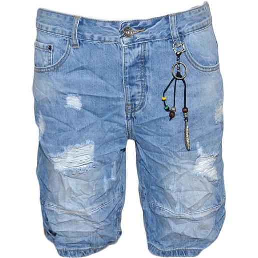 Malu Shoes pantoloni corti short uomo bermuda in denim jeans blu chiaro con microstrappi frontali effetto stropicciato moda