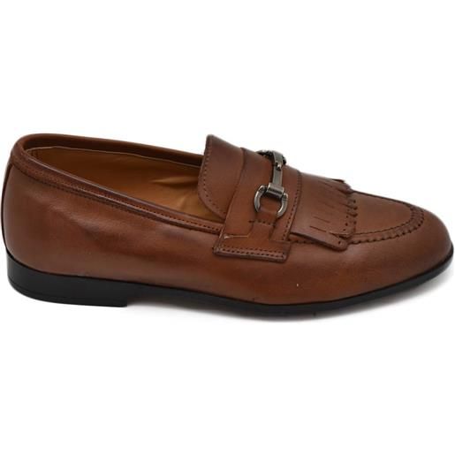 Malu Shoes scarpe uomo mocassino in vera pelle nappa marrone morsetto argento e frange suola in gomma pantofola elegante