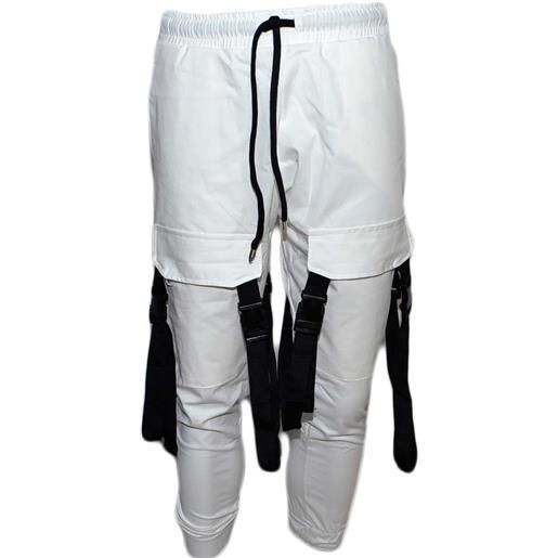 Malu Shoes pantaloni tuta cargo uomo bianco con tasconi laterali con laccio in vita comodo casual moda militare