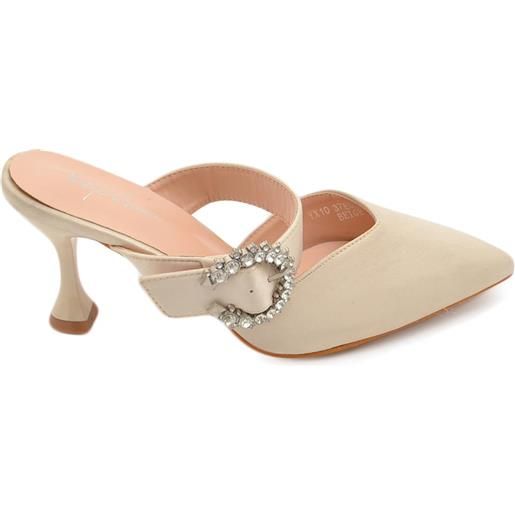 Malu Shoes decollete' donna tacco sottile 8 comfort beige in raso open toe con accessorio argento morbido moda glamour evento