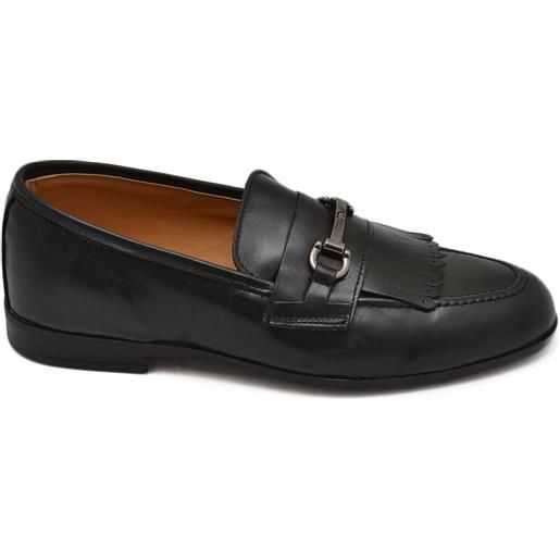 Malu Shoes scarpe uomo mocassino in vera pelle nappa nero morsetto argento frange suola in gomma pantofola elegante