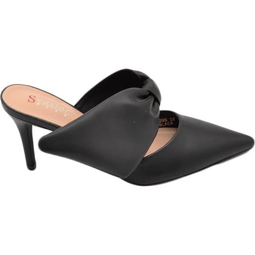 Malu Shoes decollete' donna tacco sottile 7 comfort nero in raso con fiocco open toe morbido moda glamour evento