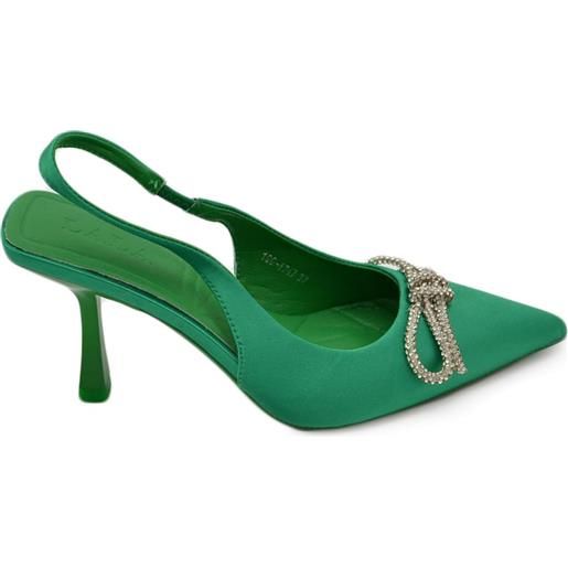 Malu Shoes decollete' donna gioiello elegante fiocco strass in raso verde con tacco a spillo 80 cinturino alla caviglia fisso moda