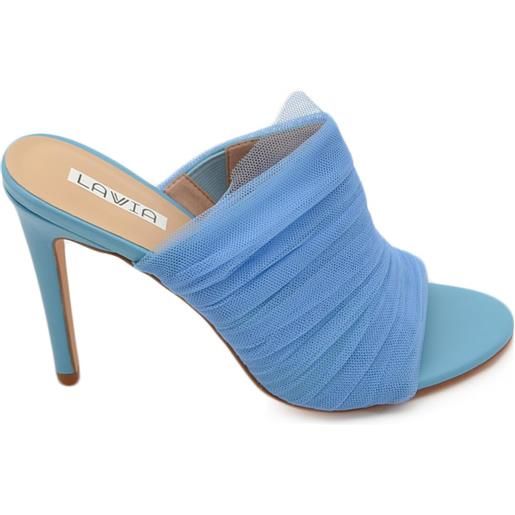 Malu Shoes sandali donna mules pantofole in tessuto plissettato tulle azzurro e tacco sottile 12 cm moda tendenza