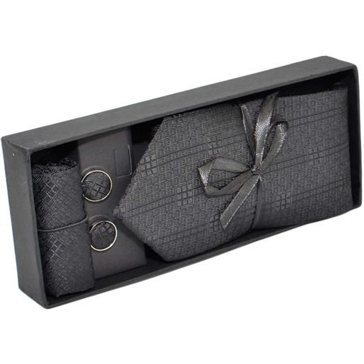Malu Shoes set cravatta pochette e gemelli in cotone nero con dettagli tono su tono confezione regalo per professionisti