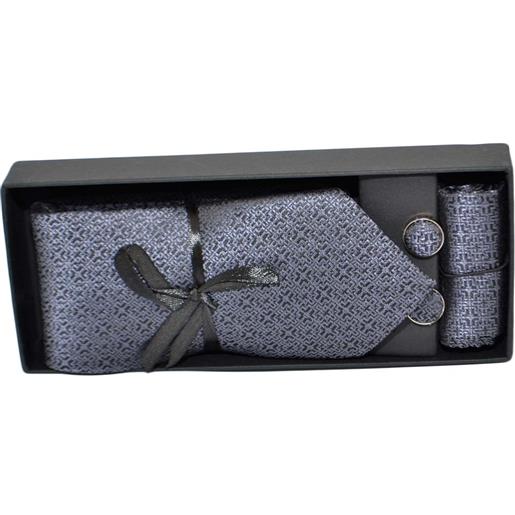 Malu Shoes set cravatta pochette e gemelli in cotone grigio con dettagli neri confezione regalo per professionisti e collezionisti