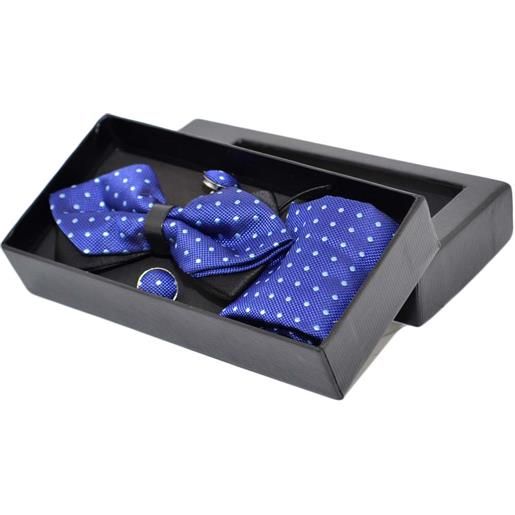 Malu Shoes set papillon uomo in cotone blu a pois con bottoni gemelli e pochette da taschino